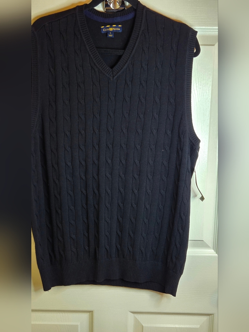 NWT Club Room L Deep Black Cable-Knit V-Neck 100% Cotton Men's Sweater Vest